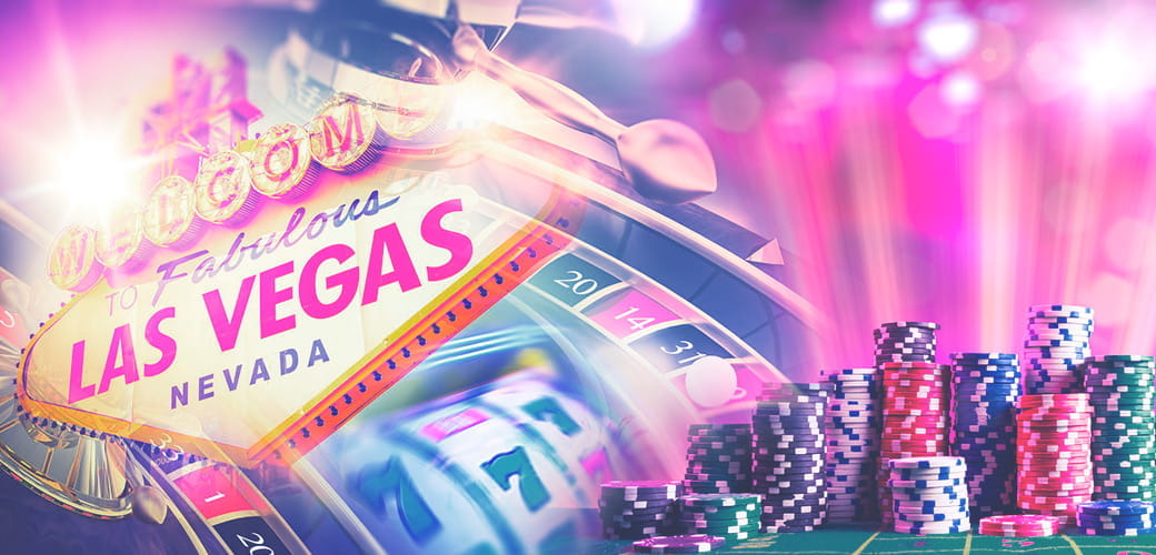Online gaming imagery including roulette wheel, slots and casino chips
